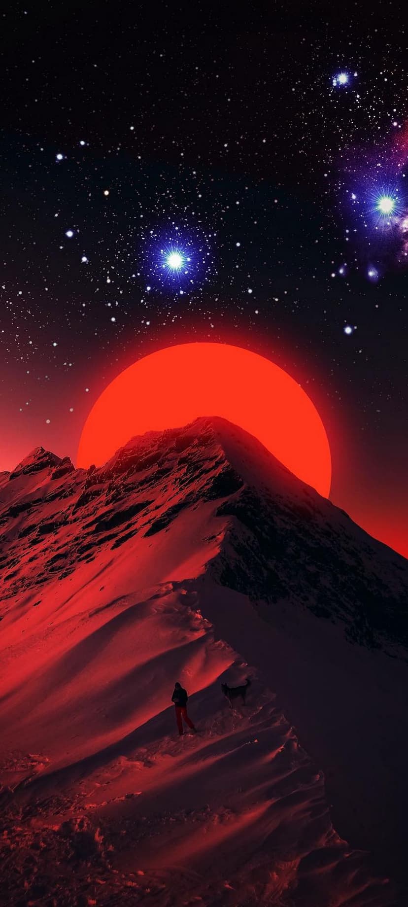 A person and a dog stand on a snowy mountain ridge under a giant crimson sun and a star-filled galactic sky.