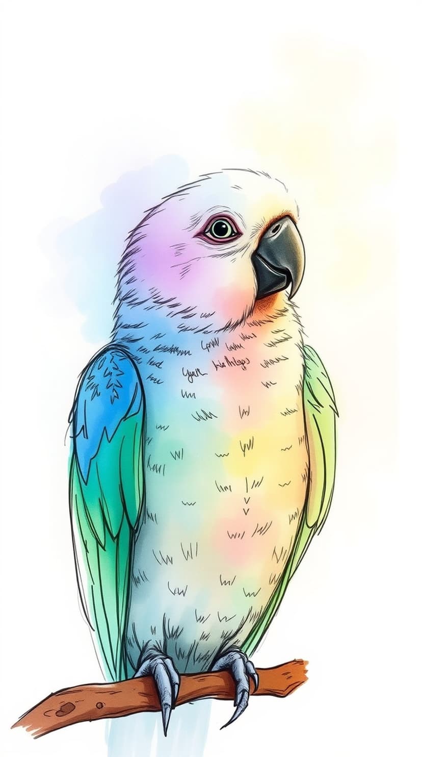 Rainbow parrot with pastel feathers perches on a wooden branch against a soft white watercolor background.