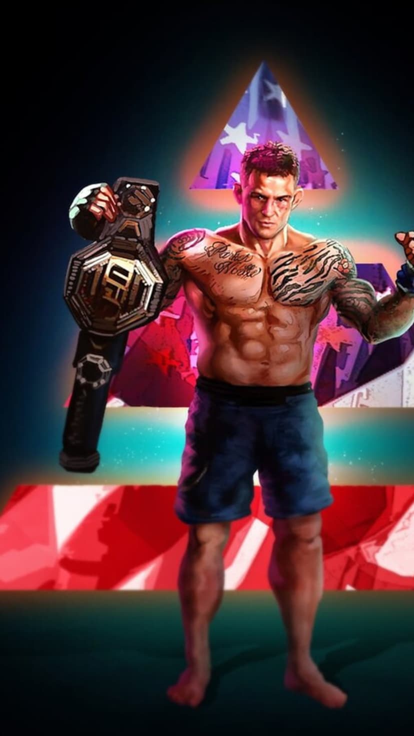 Dustin Poirier poses with a gold championship belt over his tattooed shoulder before an abstract American flag.