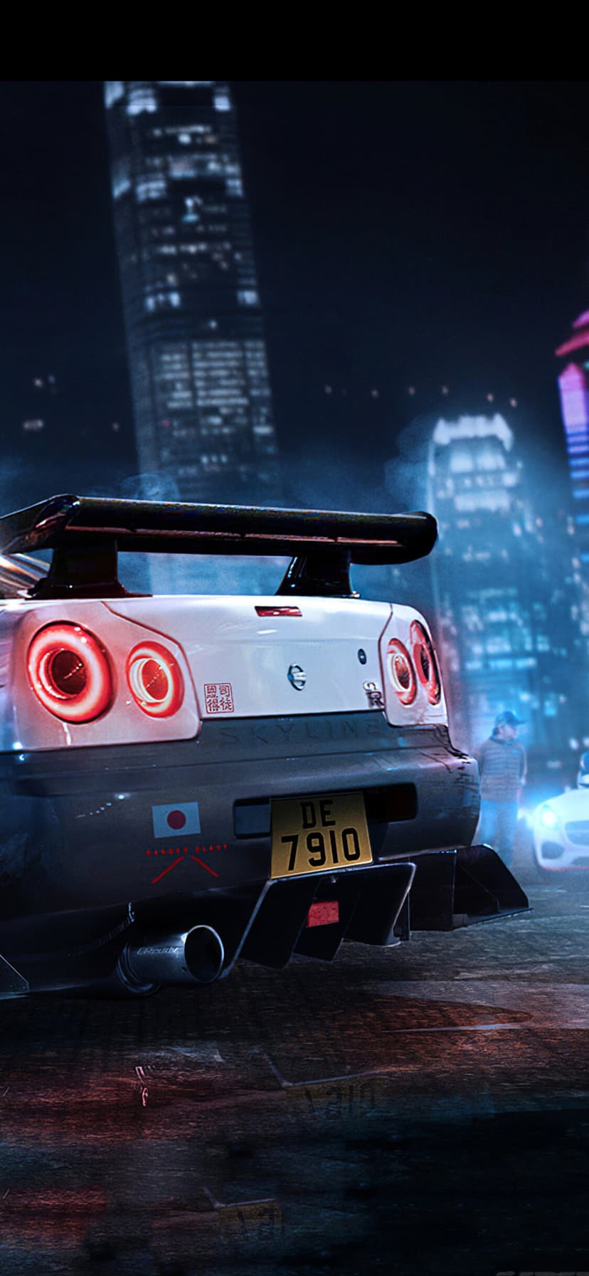 White Nissan Skyline GT-R R34 rear view with red taillights in a dark blue urban night city setting.