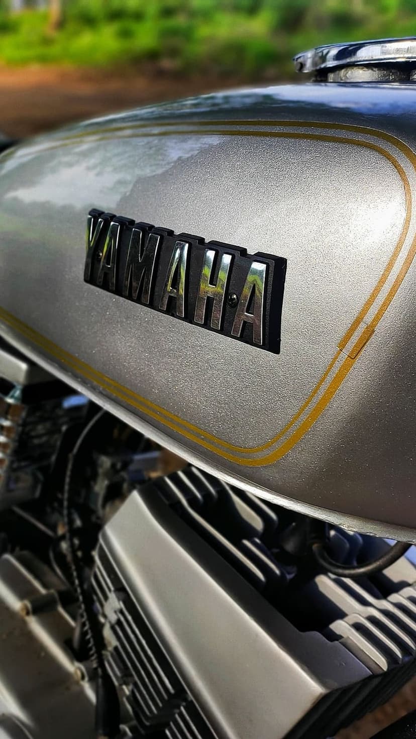 Silver Yamaha motorcycle fuel tank featuring a raised chrome logo and gold pinstripes against blurred greenery.
