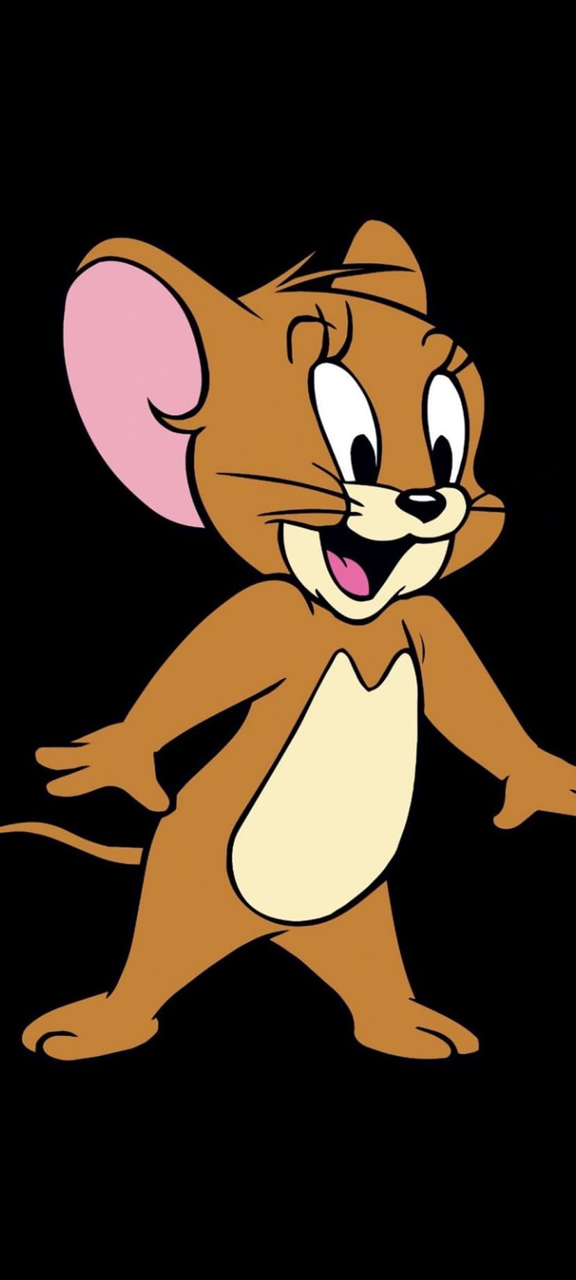 Jerry the Mouse stands smiling with large ears and brown fur against a solid black, high-contrast background.