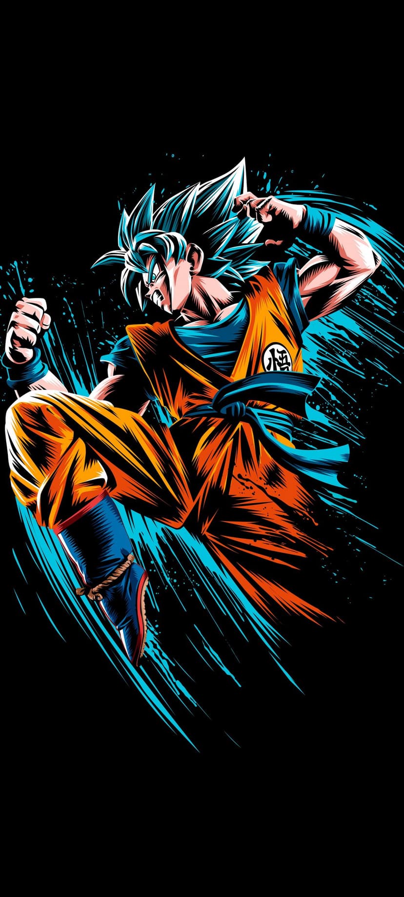 Goku in a mid-air fighting stance with blue hair and a glowing azure aura wearing a torn orange martial arts gi.