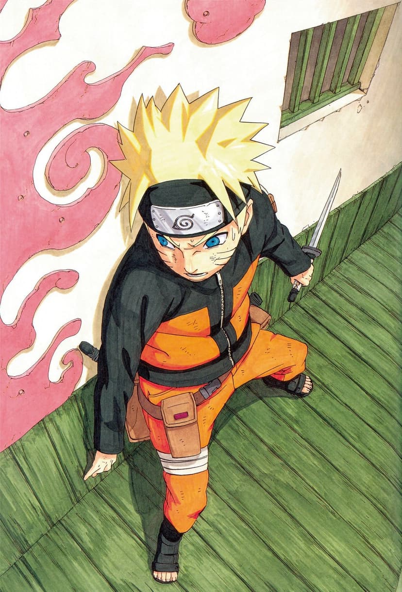 Naruto Uzumaki grips a kunai dagger while wearing an orange jumpsuit against a background of stylized red flames.