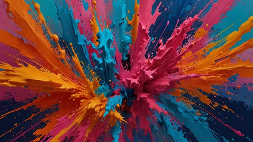 Orange and blue paint splatters burst outward with intricate fluid textures and sharp liquid droplets.