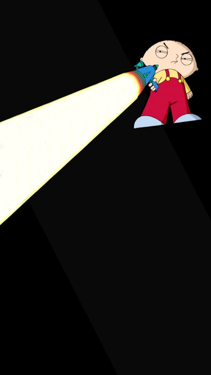 Stewie Griffin holds a glowing ray gun emitting a bright white light beam against a stark black background.