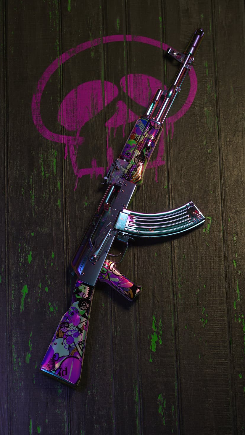 AK-47 rifle with a purple skull and neon graffiti skin leaning against a dark, weathered wooden wall.
