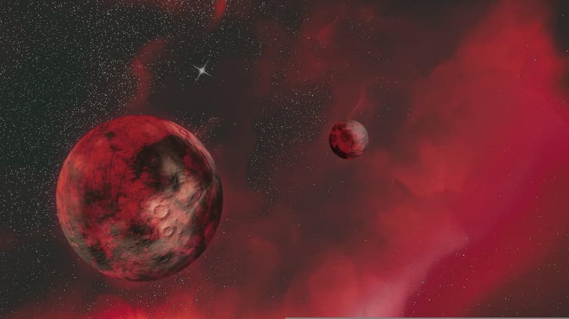 Two red cratered planets orbit a bright star against a dense crimson nebula and distant starfield in deep space.