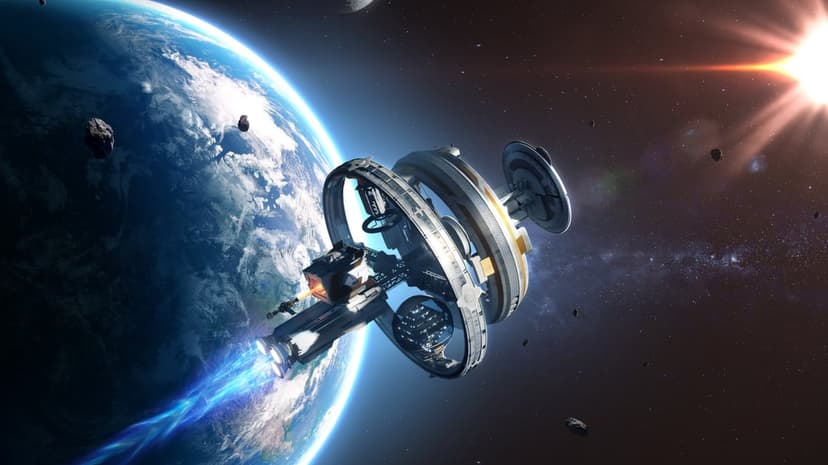Large ringed space station with blue engine trails orbiting a blue planet under a bright orange sun.