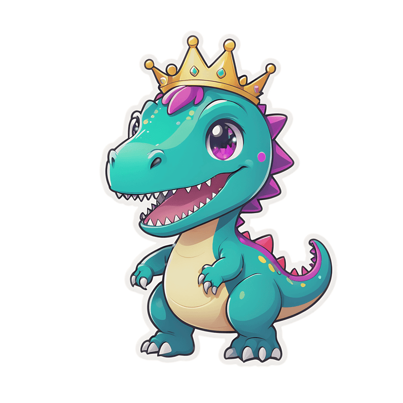 Teal dinosaur sticker with a golden crown and purple spikes features glossy eyes and a crisp white outline.