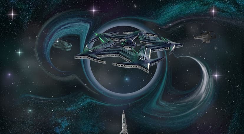 Futuristic spacecraft orbit a dark event horizon against a swirling blue and green luminous wormhole.