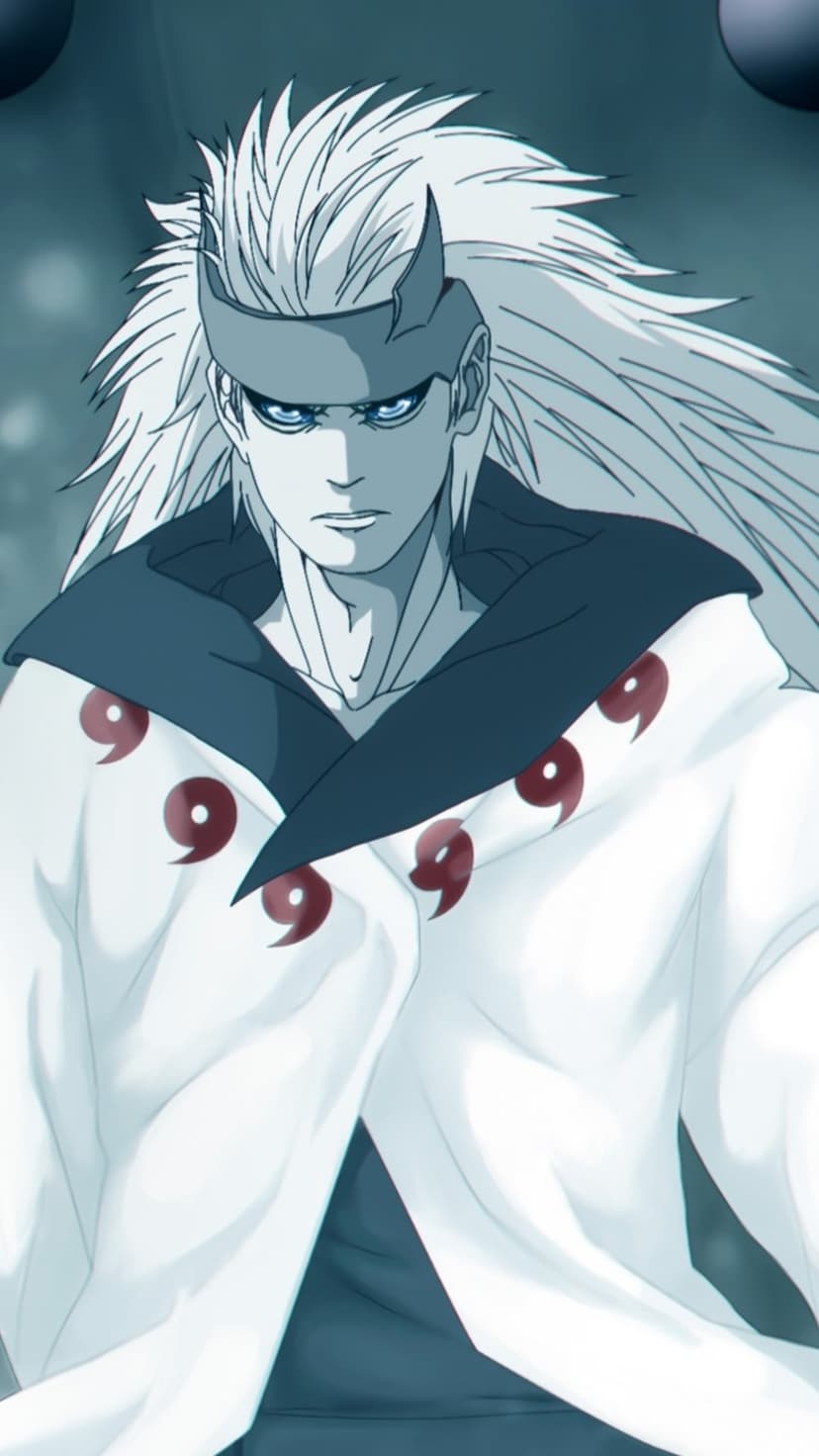 Madara Uchiha in Six Paths Sage Mode with long white hair, glowing blue eyes, and a white tomoe pattern cloak.