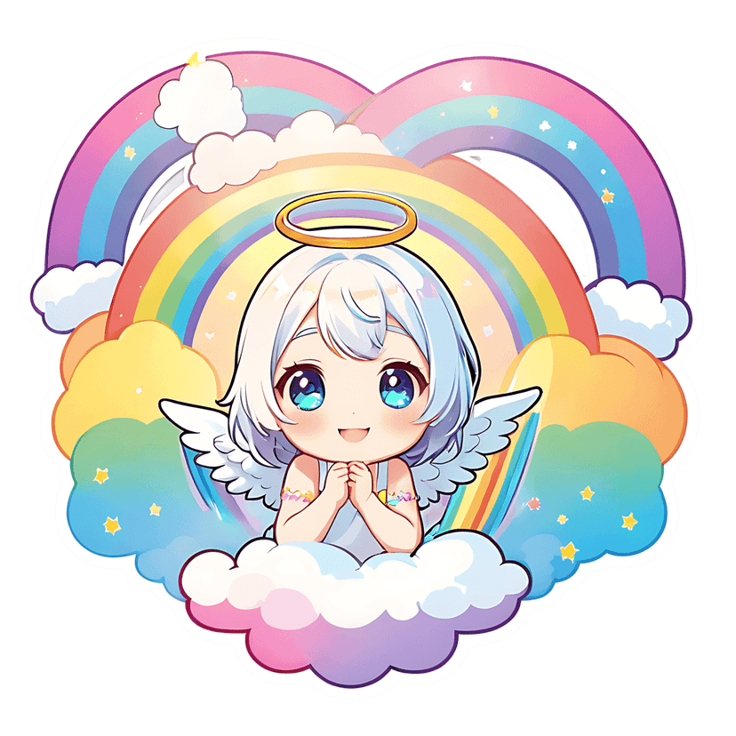 Chibi angel sticker sitting on pastel clouds inside a heart-shaped rainbow with a golden halo and white wings.