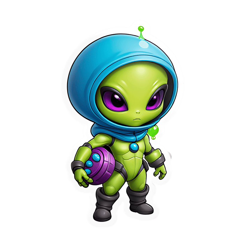 Green alien character wearing a blue hood and holding a purple device with a white sticker outline.