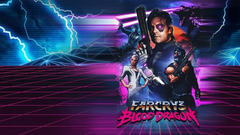 Rex Power Colt with a glowing cybernetic eye standing before a neon synthwave grid and a purple blood dragon.