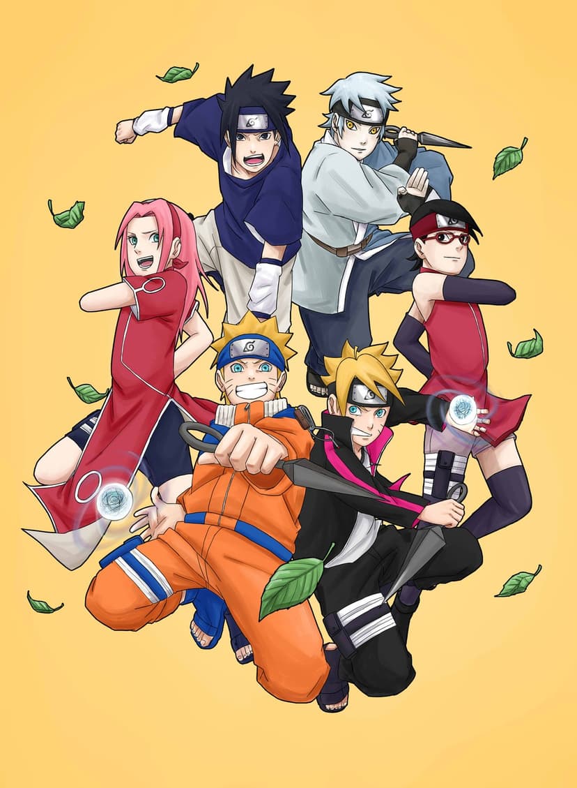 Naruto, Boruto, and Team 7 strike battle poses amidst swirling leaves against a bright golden background.