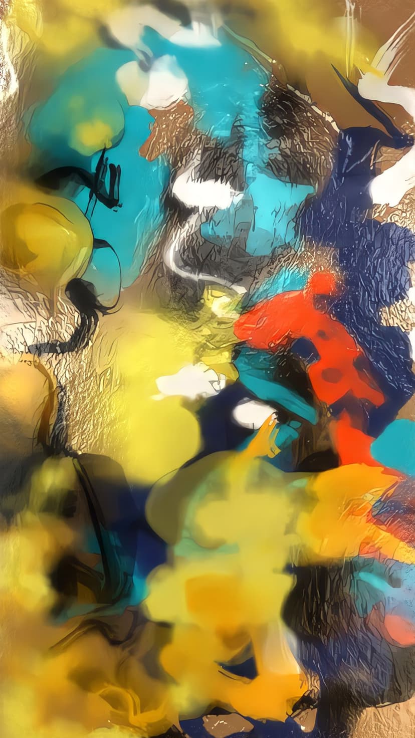 Thick yellow and blue paint strokes intermingle with red accents in a textured vertical abstract composition.