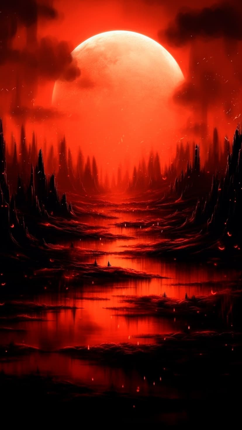 Crimson blood moon hangs over jagged black mountains and flowing lava with glowing embers in a red sky.