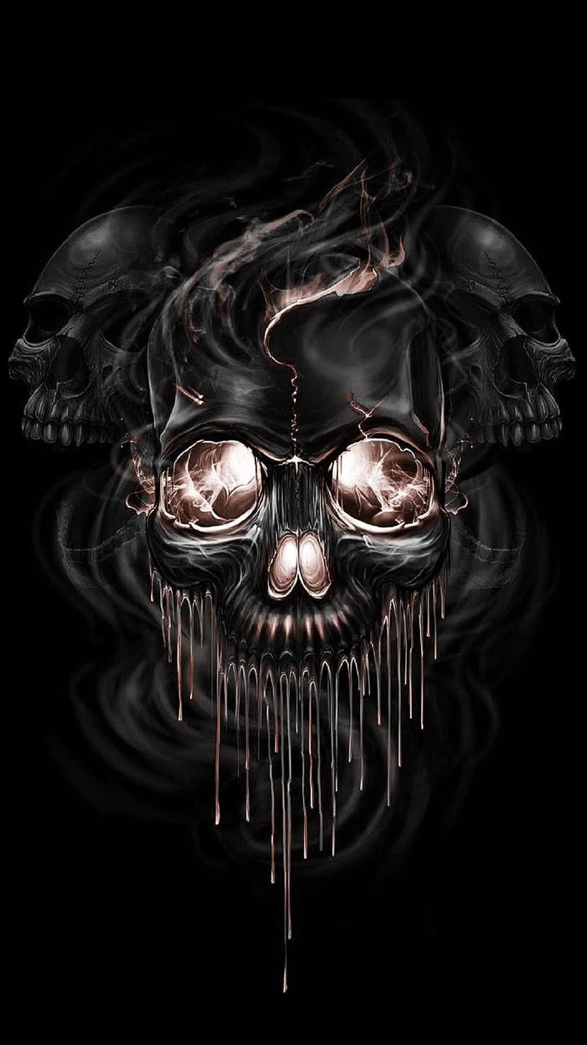 Black obsidian skulls with glowing orange eyes and molten drips emerging from thick grey smoke against a dark void.