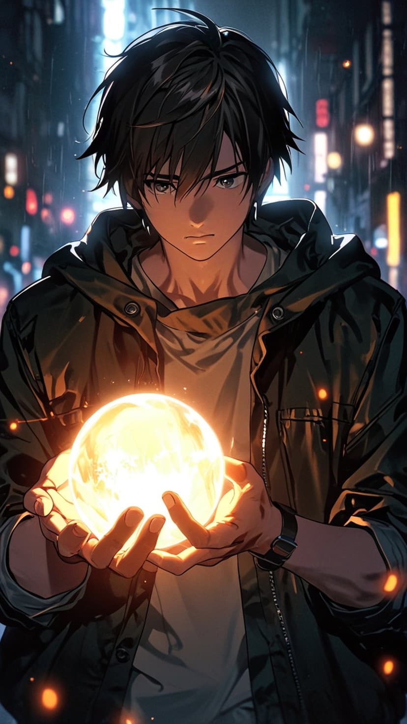 Young man with dark hair holds a glowing blue orb in his cupped hands on a rainy city street at night with bokeh.