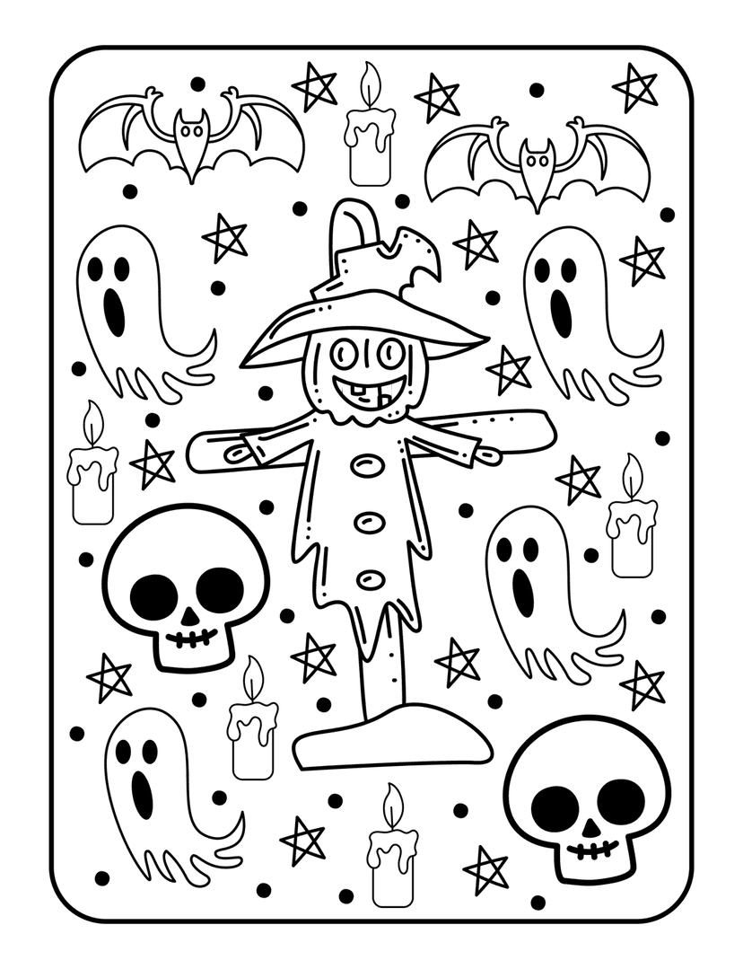 Halloween coloring page features a scarecrow, floating ghosts, bats, and skulls in detailed black line art.