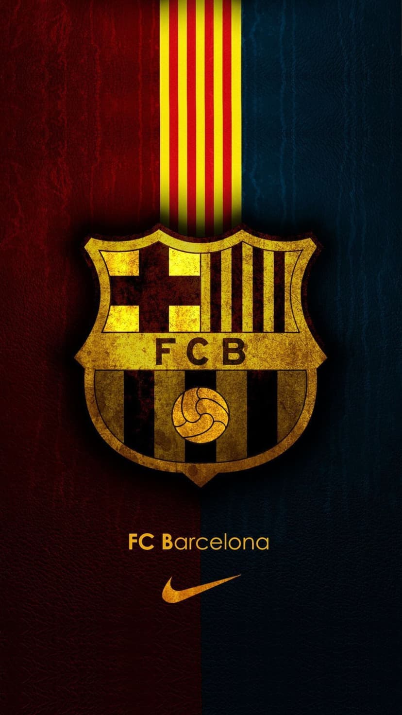 FC Barcelona crest in textured gold finish centered over red and blue vertical panels with Catalan flag stripes.