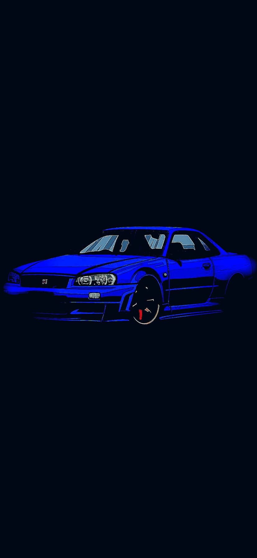 Nissan Skyline GT-R R34 in vibrant blue featuring a sleek silhouette and aggressive stance on a black backdrop.
