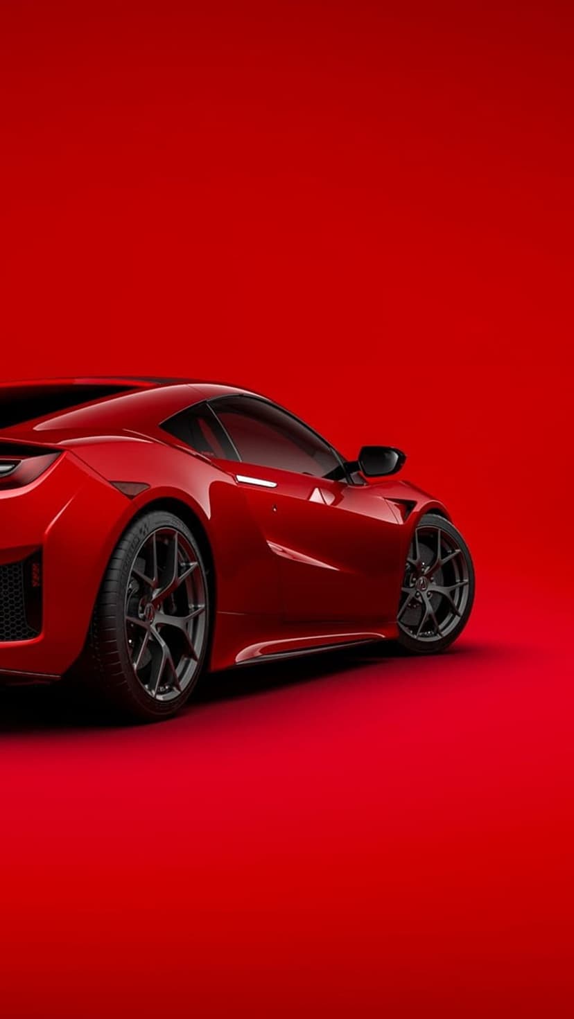 Red sports car side profile showing aerodynamic curves and dark wheels against a matching red studio background.