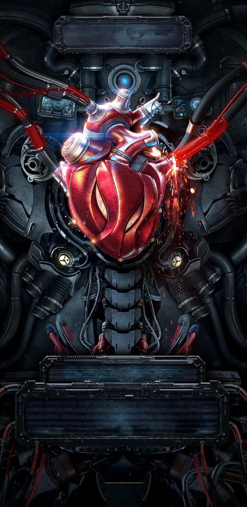Red mechanical heart glowing with internal energy amidst tangled industrial wires and flying orange sparks.