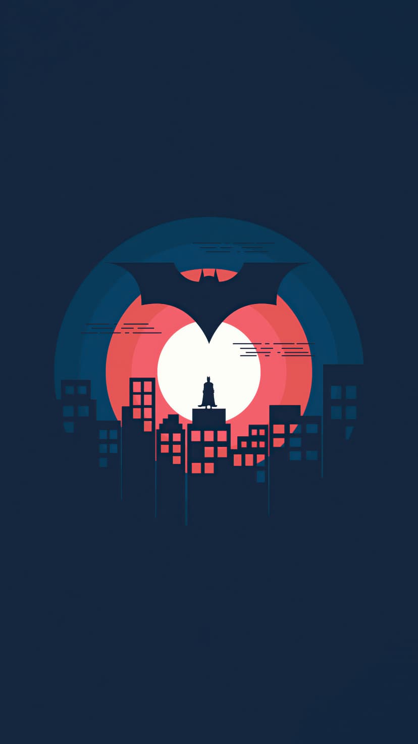 Batman stands on a skyscraper ledge before a giant orange sun and dark city skyline with a bat symbol above.