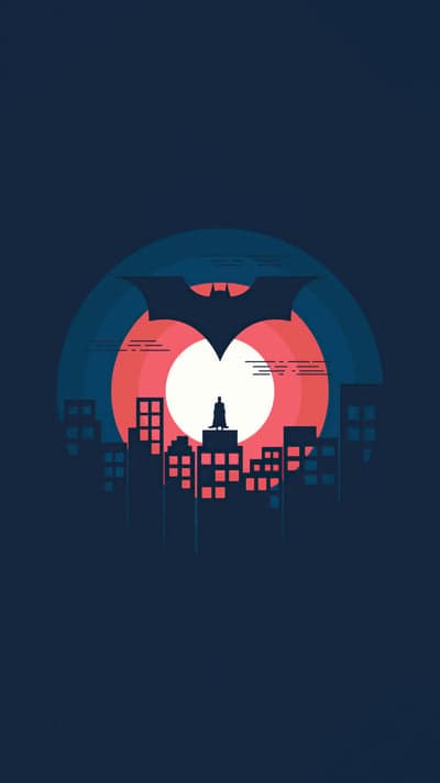 Batman Silhouette Over Gotham City Skyline at Sunset