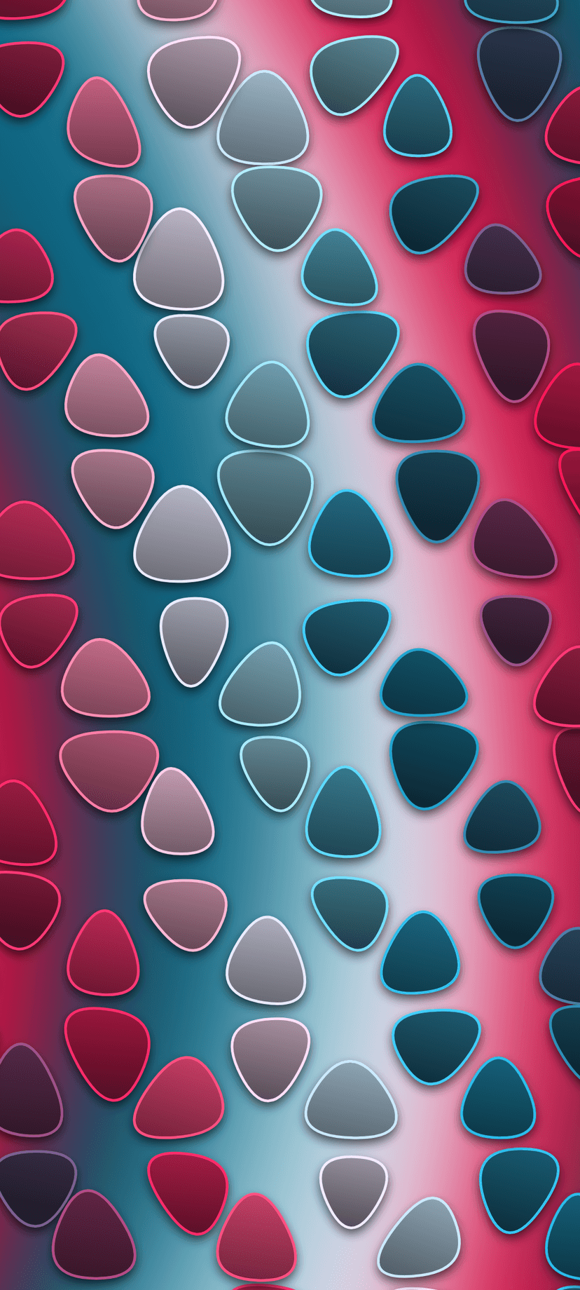 Rounded triangles arranged in vertical rows featuring a smooth gradient from deep red and pink to teal and blue.