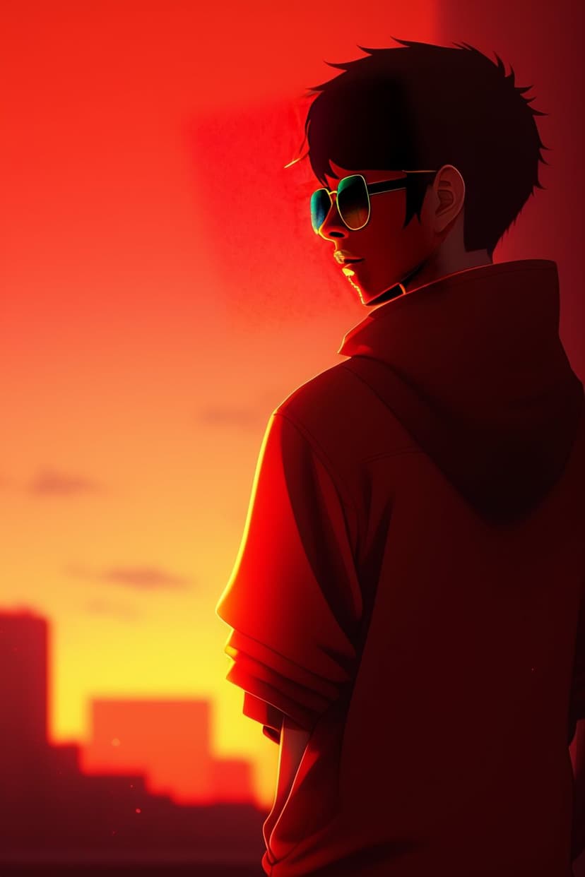Young man in a red hoodie and sunglasses overlooks a vibrant orange cityscape during a dramatic urban sunset.