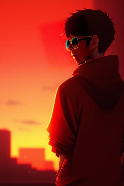 Anime boy in sunglasses looking at sunset cityscape