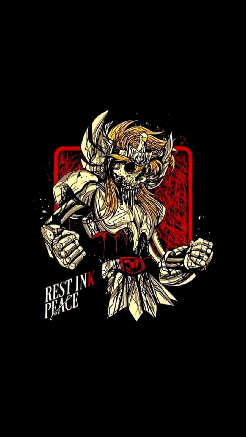 Skeletal warrior wearing ornate gold armor against red splatters with Rest In Peace text in the corner.