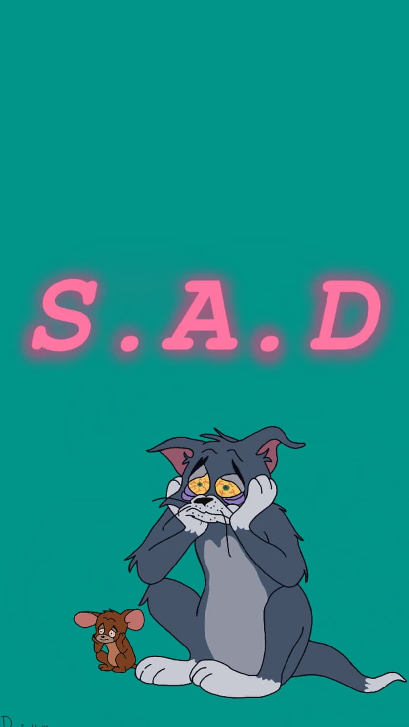 Tom and Jerry sit slumped together beneath glowing pink neon S.A.D. letters against a solid teal backdrop.