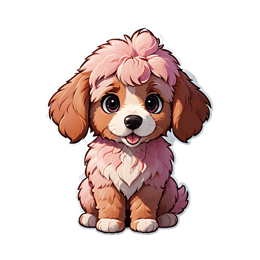 Brown pink puppy sticker featuring fluffy fur and a white outline in a front-facing sitting pose for digital use.