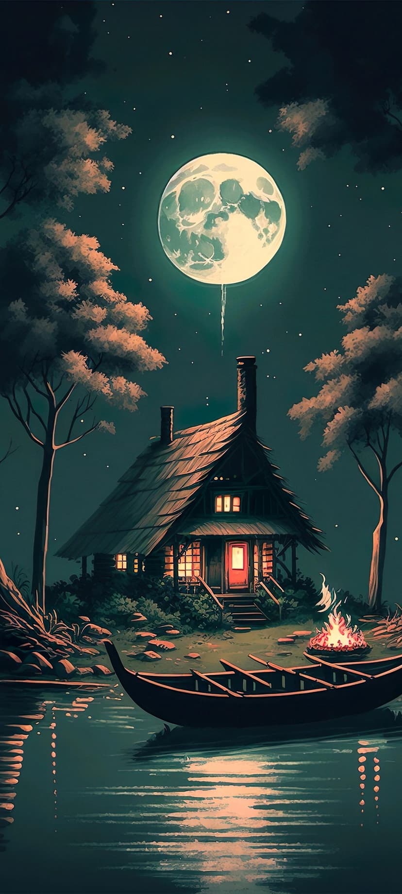Log cabin and campfire glow beside a moonlit lake with a small wooden boat docked along the dark shoreline.