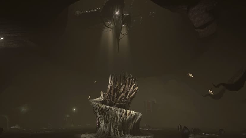 Dark biomechanical throne room with bone-like structures and eerie top-down lighting in a murky cavern.