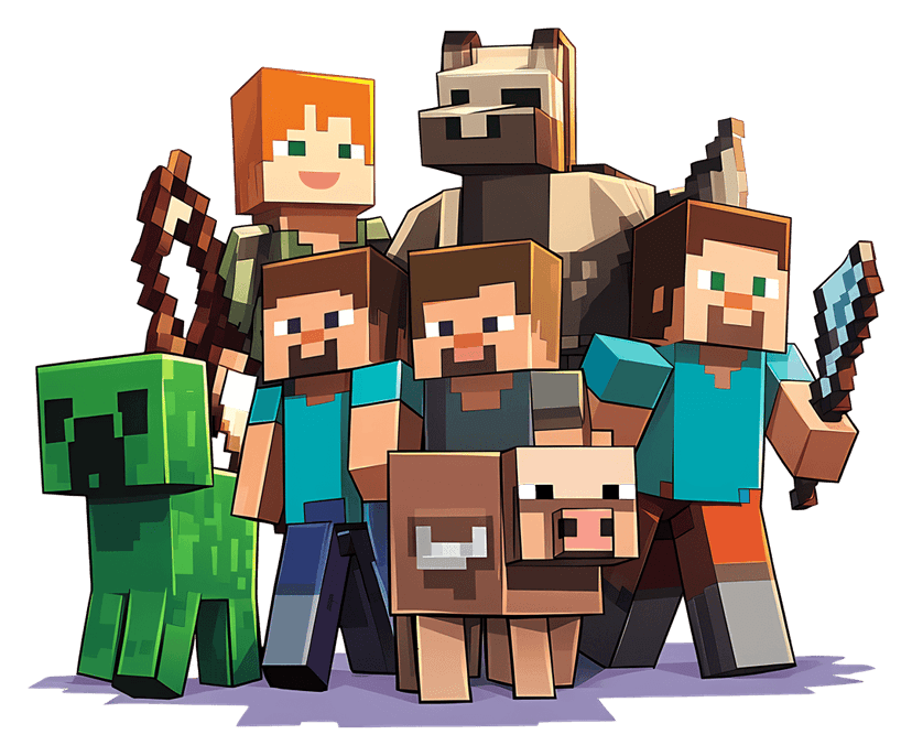 Minecraft characters and creatures featuring Steve, Creepers, and pigs in a blocky 8-bit pixel art style.