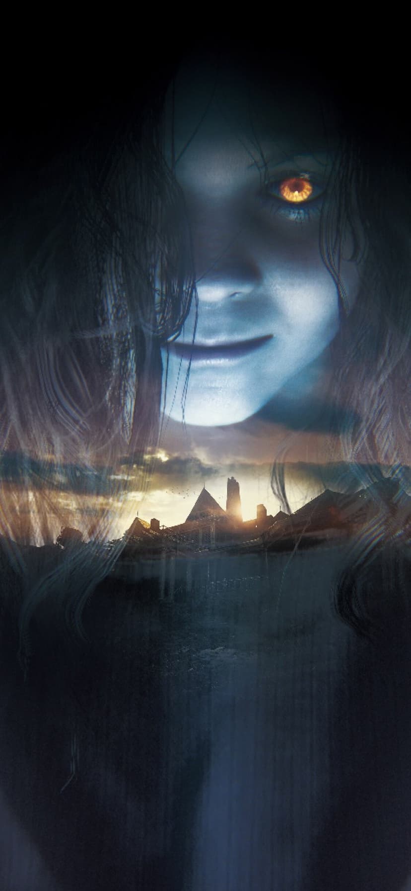 Pale girl with a glowing orange eye above a silhouetted gothic mansion against a dark, moody sunset sky.