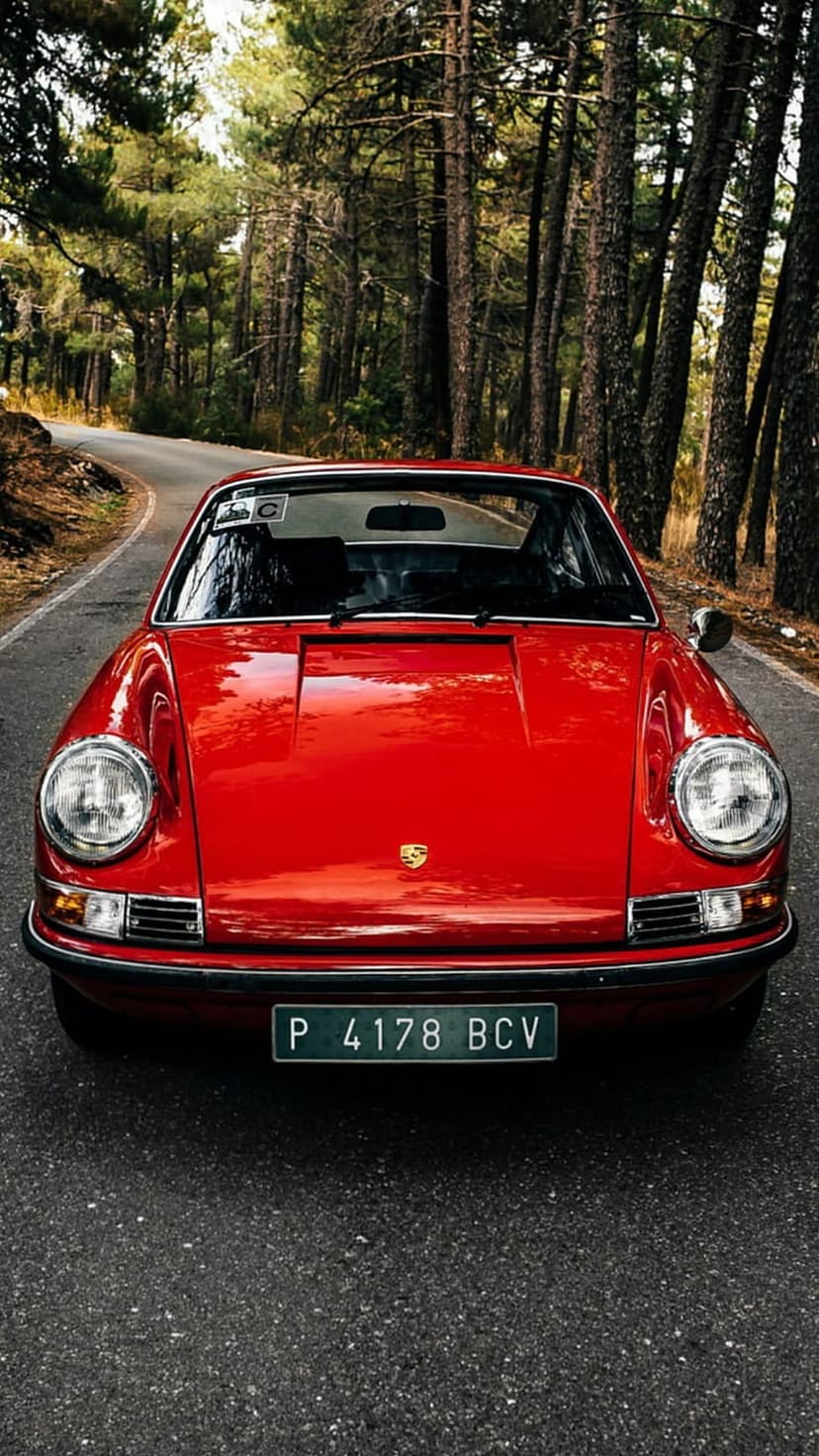 Red classic Porsche with round headlights parked on a curved asphalt road through a dense green pine forest.