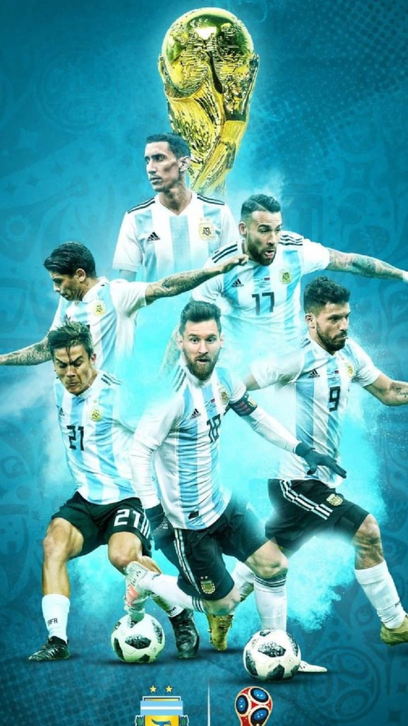Lionel Messi and Argentina teammates hold the gold World Cup trophy while wearing blue and white striped jerseys.