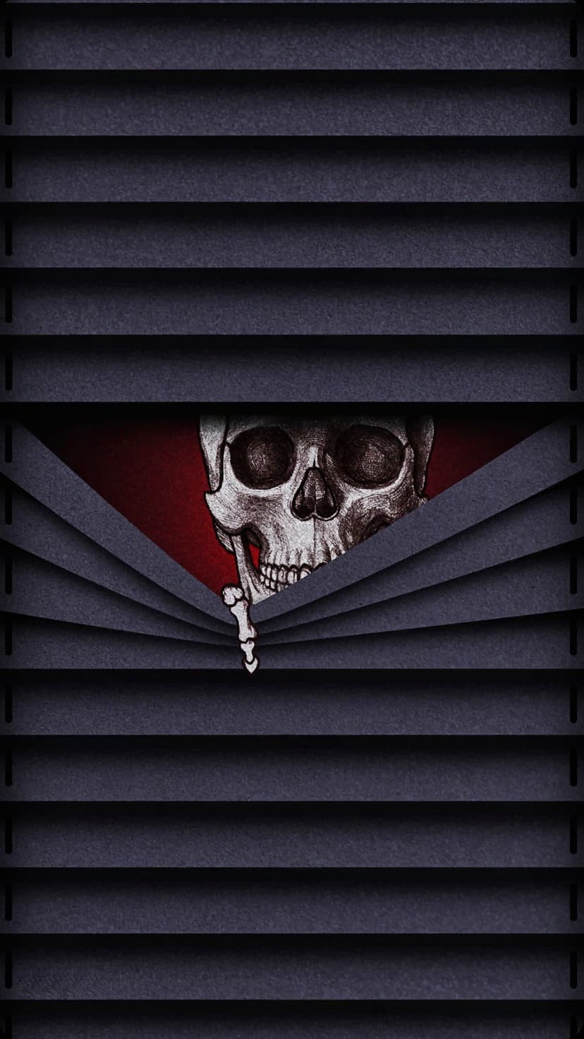 Human skull peeking through dark horizontal blinds with a skeletal finger and an ominous deep red background glow.