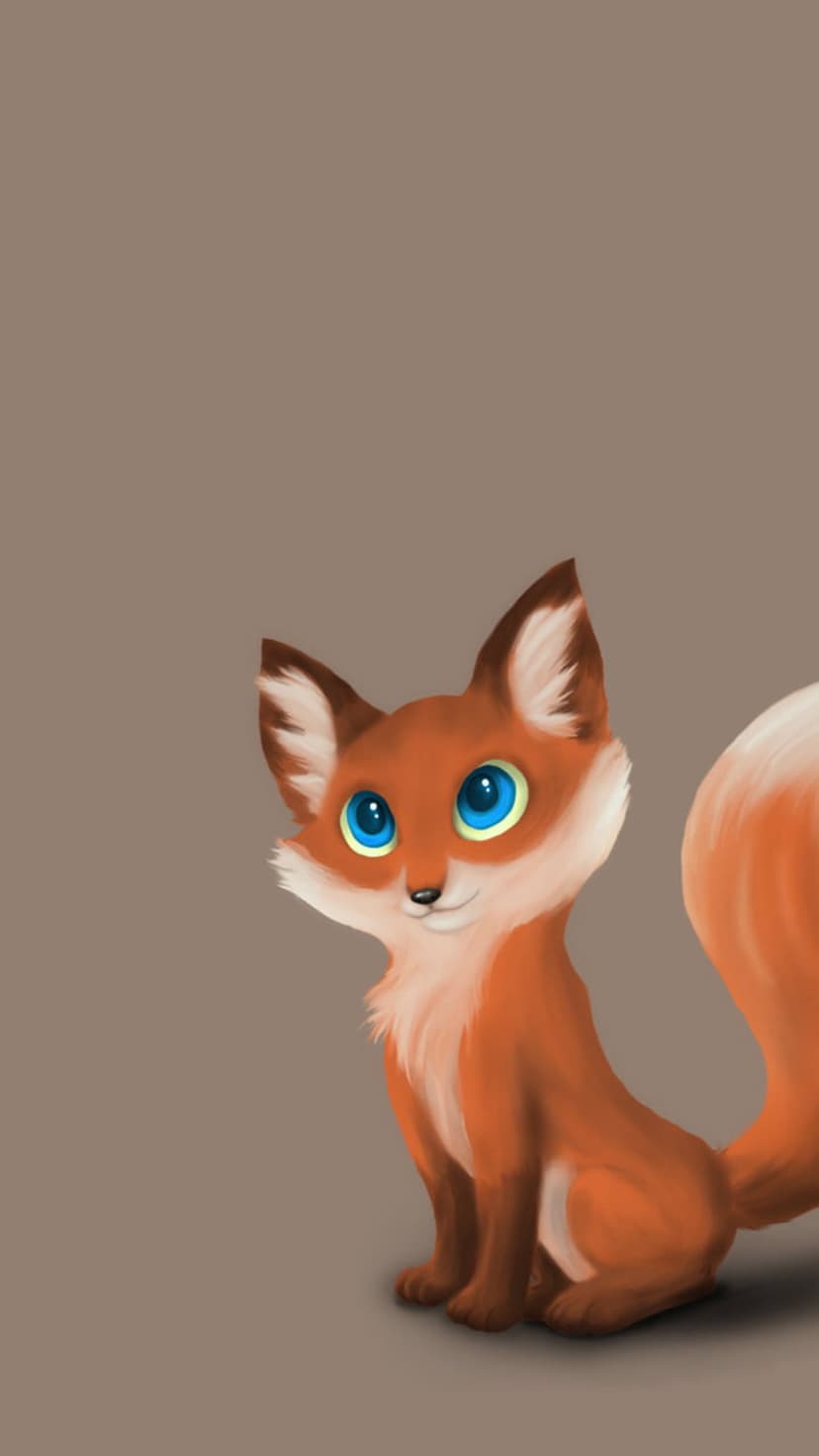 Stylized orange fox with large blue eyes and a fluffy tail sits calmly against a solid brown studio background.