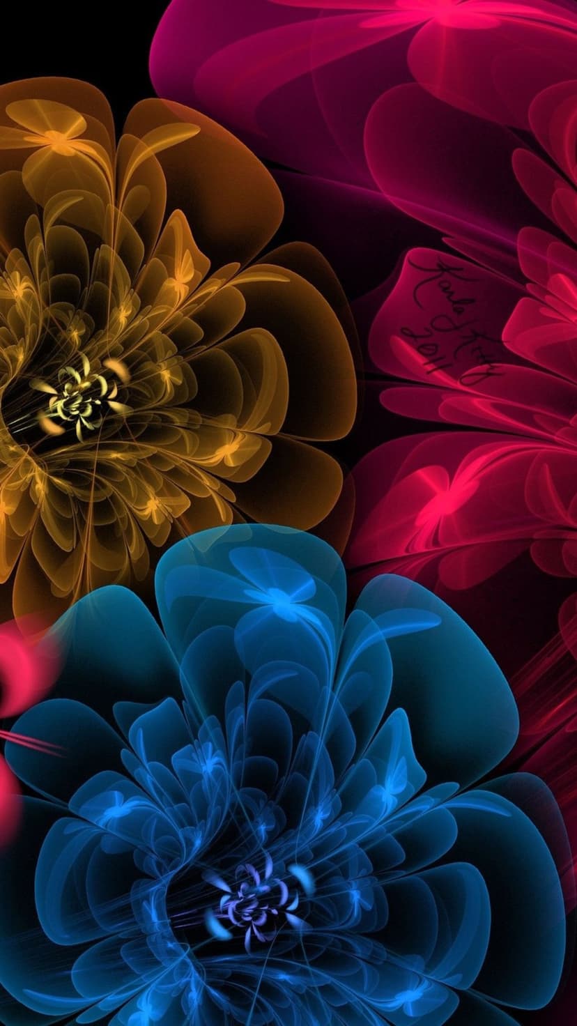 Radiant blue and amber flowers with translucent layered petals emerge from a dark, ethereal background.