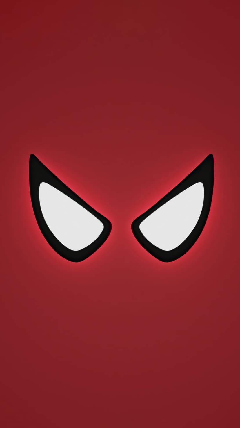 Spiderman mask eyes with white lenses and black outlines glowing against a solid vibrant red background.