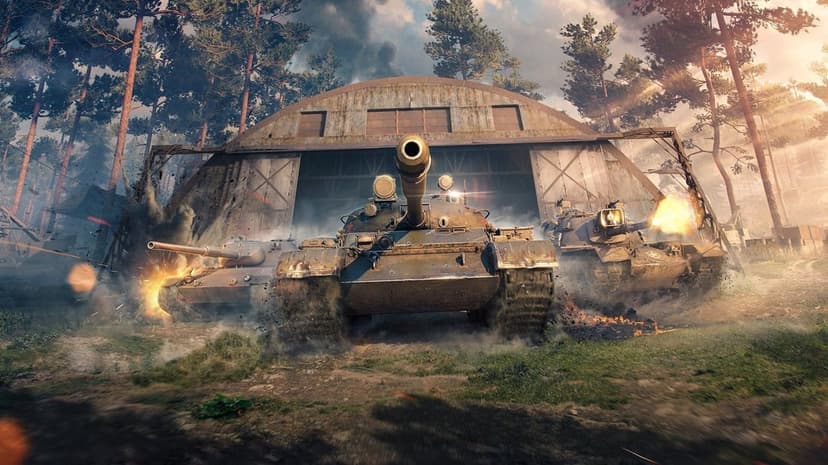 Three battle tanks charging out of a large metal hangar in a sun-drenched forest with smoke and explosions.