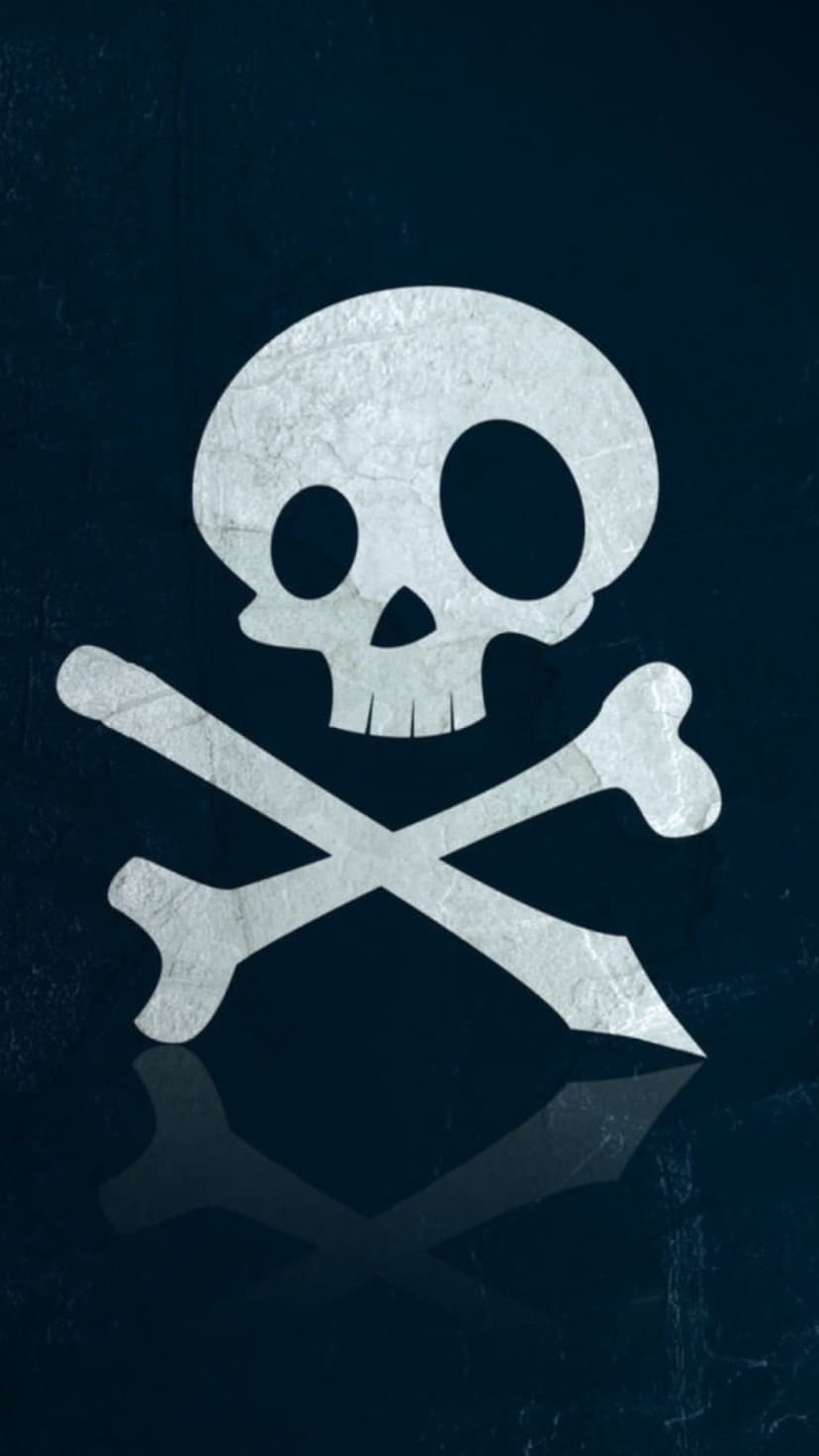 White pirate skull and crossbones reflecting on a dark blue glossy surface with a gritty, textured backdrop.