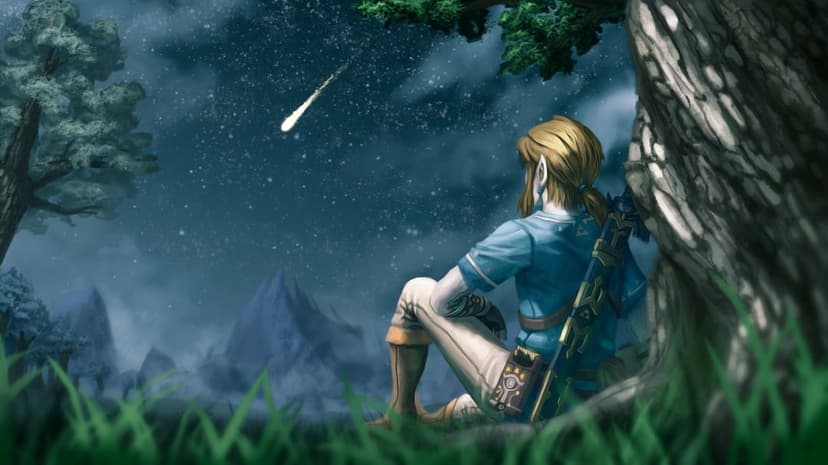 Link sits against a tree watching a shooting star cross a dark starry sky over misty mountain peaks.